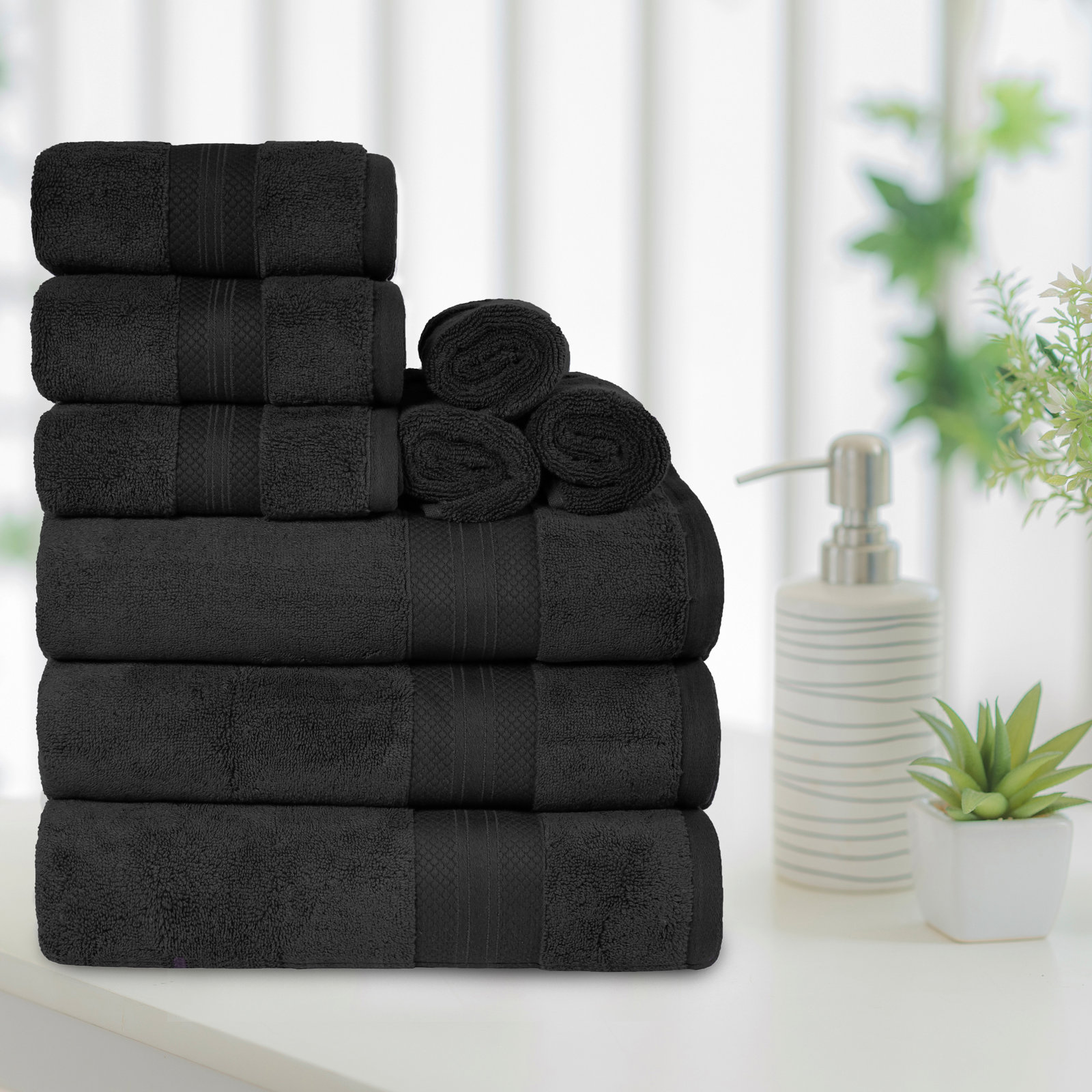 Finnian Ultra-Plush Heavyweight, 100% Turkish Towel Collection, Black, 9 Piece Towel Set