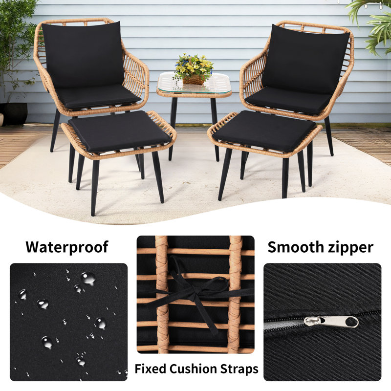 5-Piece Patio Conversation Set with Cushions, Outdoor Seating Group for Garden Backyard Poolside, Black Cushion/Brown Frame
