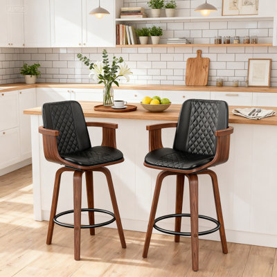 Modern 360° Swivel Bar Stools With Bentwood Armrests – PU Leather Cushioned Seat, High-Density Foam, Metal Footrest, Kitchen & Home Bar Seating by Corrigan Studio