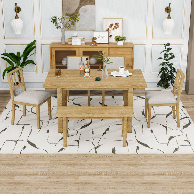 Ensemble de table de salle à manger 6 pièces Farmhouse avec table, banc et chaises rembourrées Dual-Style