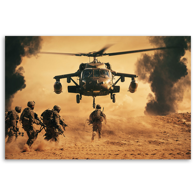 A Helicopter And A Soldier - No Frame Print on Canvas