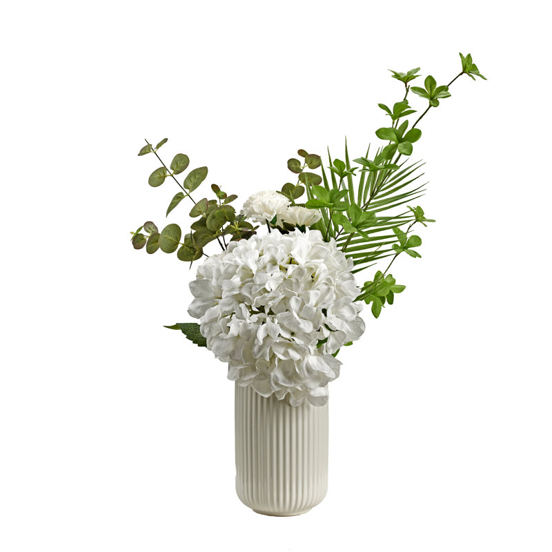 Green Hydrangea Arrangement in White Ceramic Pot, White