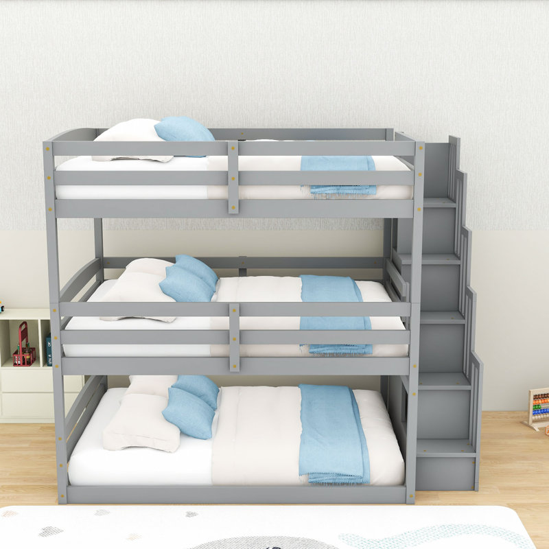 Lit superposé double avec accoudoirs et tablettes, gris