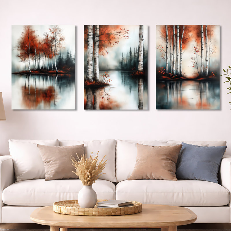 «Copper Birch Lake - Lake», ensemble d'art mural sur toile, 32" H x 72" W, Wrapped Canvas