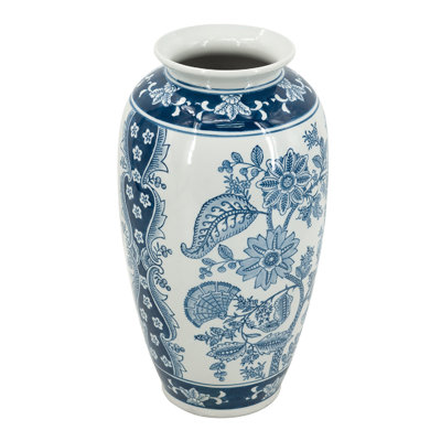 Porcelain Flower Vase with Floral Patterns - 7"Dia. .5" x 15" - Blue /White