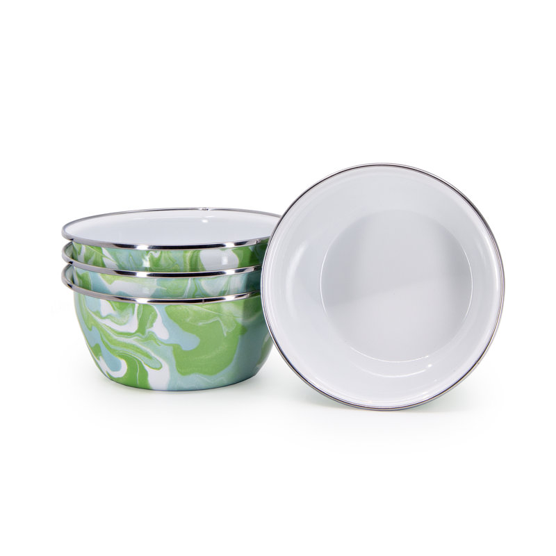 Modern Monet Green and White Enamel Salad Bowls Set of 4