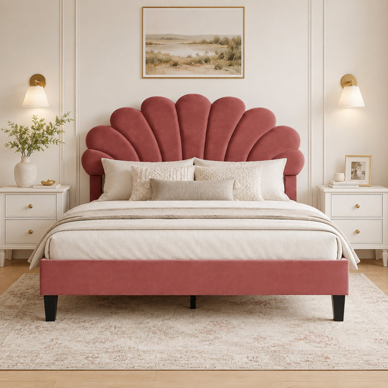 Lit plateforme tapissier avec tête de lit en velours floral Tayveion, Grand, Pâte de haricots rouge