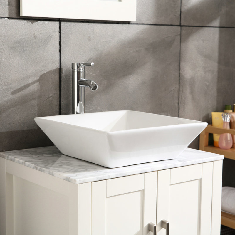 Lavabo vasque de salle de bain carré en céramique 16,5 po en blanc, avec robinet et bonde escamotable