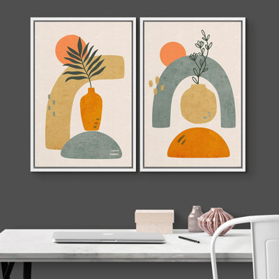 Style Mid-Century, feuilles de forêt dans des vases orange, illustrations abstraites géométriques, minimaliste moderne