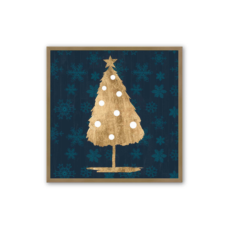 Arbre des Fêtes avec imprimé bleu marine I, H 13,75 po x l 13,75 po, Cadre simple en or brossé, bois massif