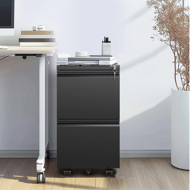 2 Drawer Metal Mobile File Cabinet With Lock - Stores Legal/Letter/A4 Docs, Fully Assembled Black Office Equipment Locking Drawers Files, Accessory