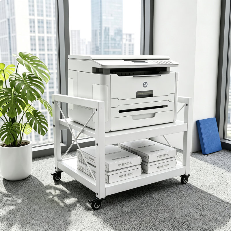 Support d'imprimante de bureau à 2 niveaux en bois d'ingénierie industrielle - Durable, compact, plates-formes réglables, roulettes, assemblage requis. Support de photocopieur sous bureau spécialisé.