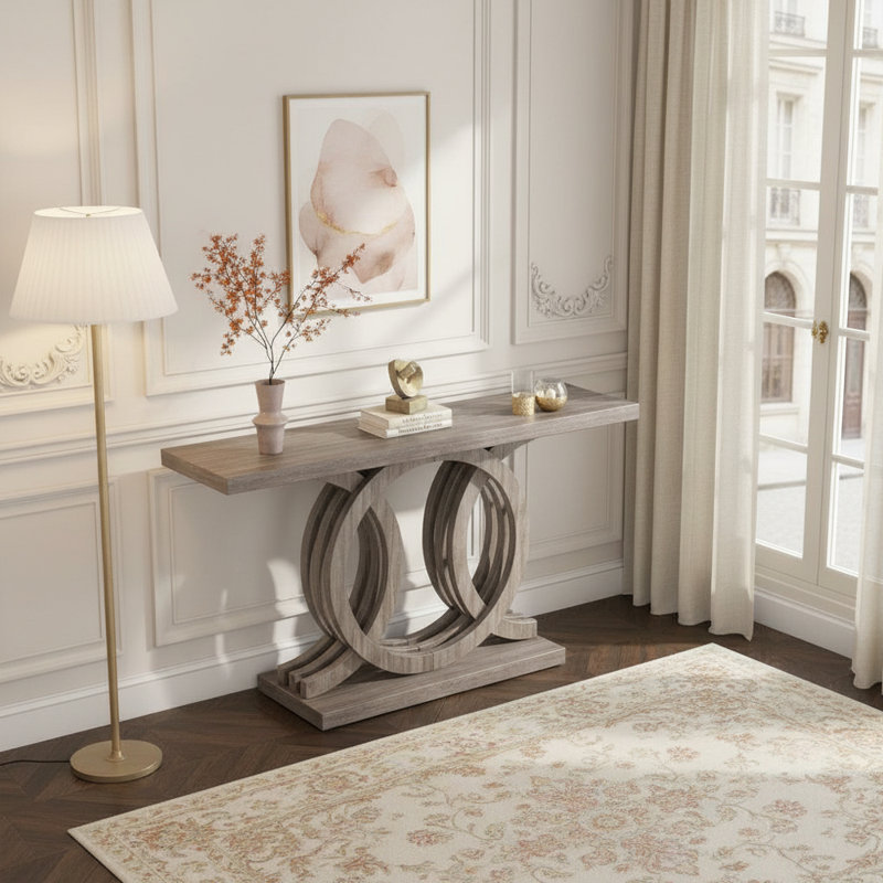 Console de 55 pouces avec base géométrique moderne dans des tons neutres pour le salon, le couloir et l'entrée