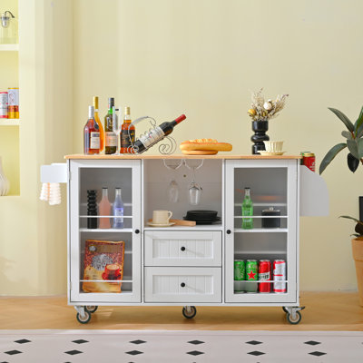 Mobile Storage Trolley For Kitchen With Drop - Leaf Top, 2 Drawers, Door Closet, Towel Rack, Spice Shelf, White And Rubberwood Build, 48.78 In Depth Rolling Cart Work Area Surface, Compartment,