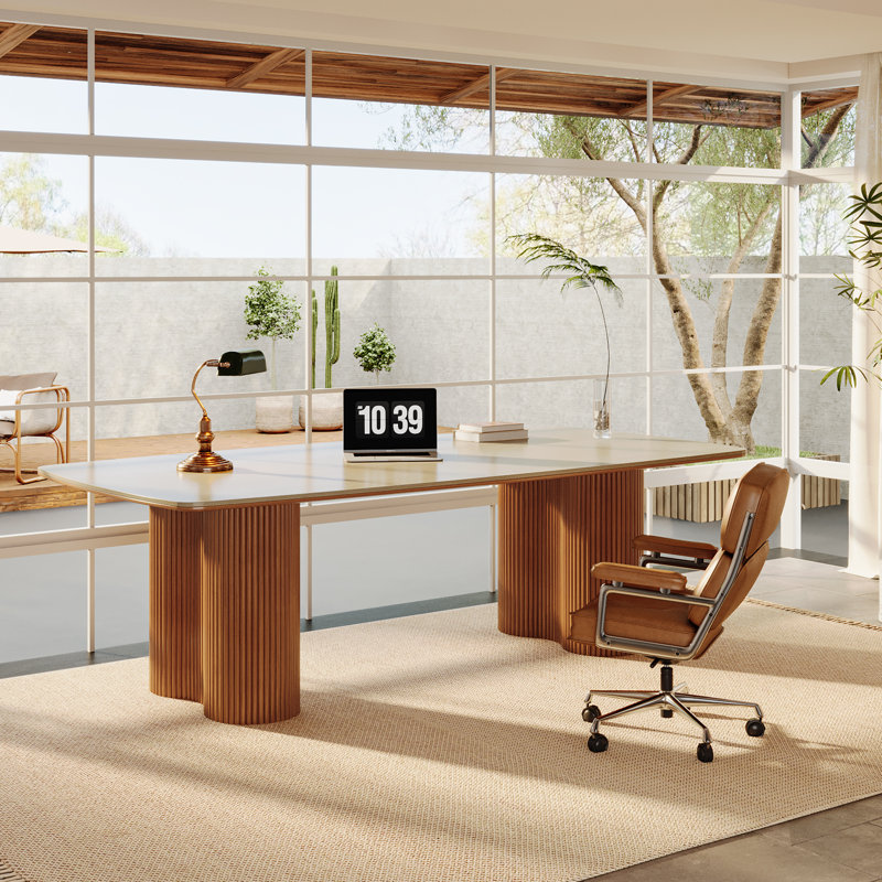 Modern 6.5 ft Large 79-Inch Sintered Stone Long Computer Deskwith Solid Wood Legs Home Office