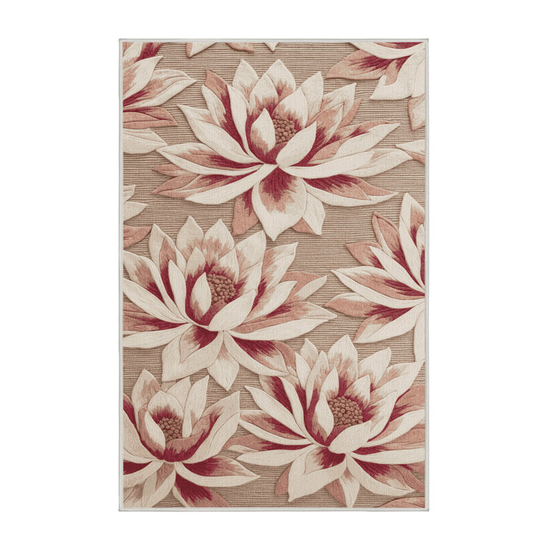 Machine Washable Botanical Beige Area Rug, Rectangle 5' x 8'