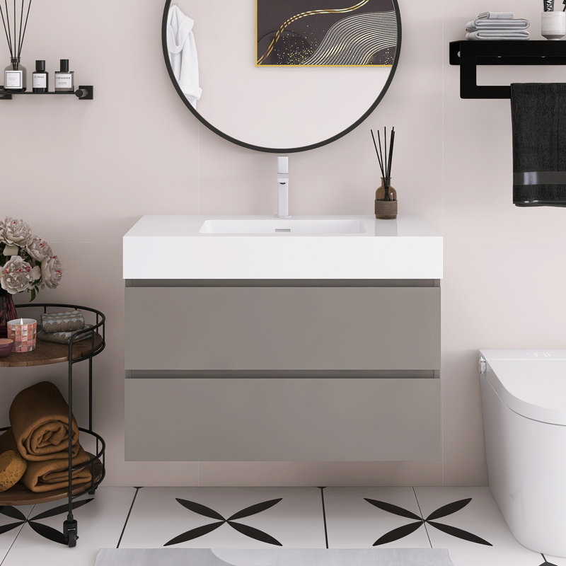 Meuble-lavabo flottant mural 36 po avec lavabo, Gris, Blanc