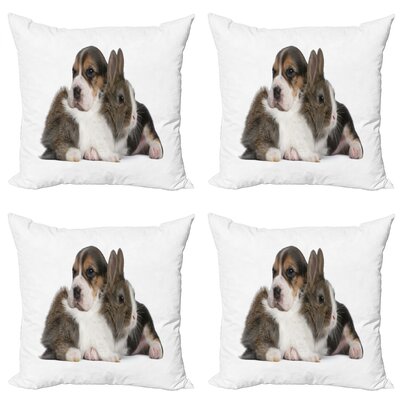 Ambesonne Beagle Decorative Throw Pillow Case Pack Of 4, Pets Rabbit And Puppy Animal Kingdom Friendship Best Companions Bunny Picture, Cushion Cover -  micfour_58208_20x20