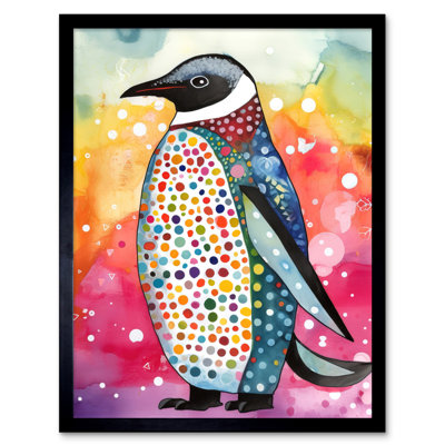 Cute Multicoloured Spot Penguin Folk Art Artwork Framed Wall Art Print 9X7 Inch