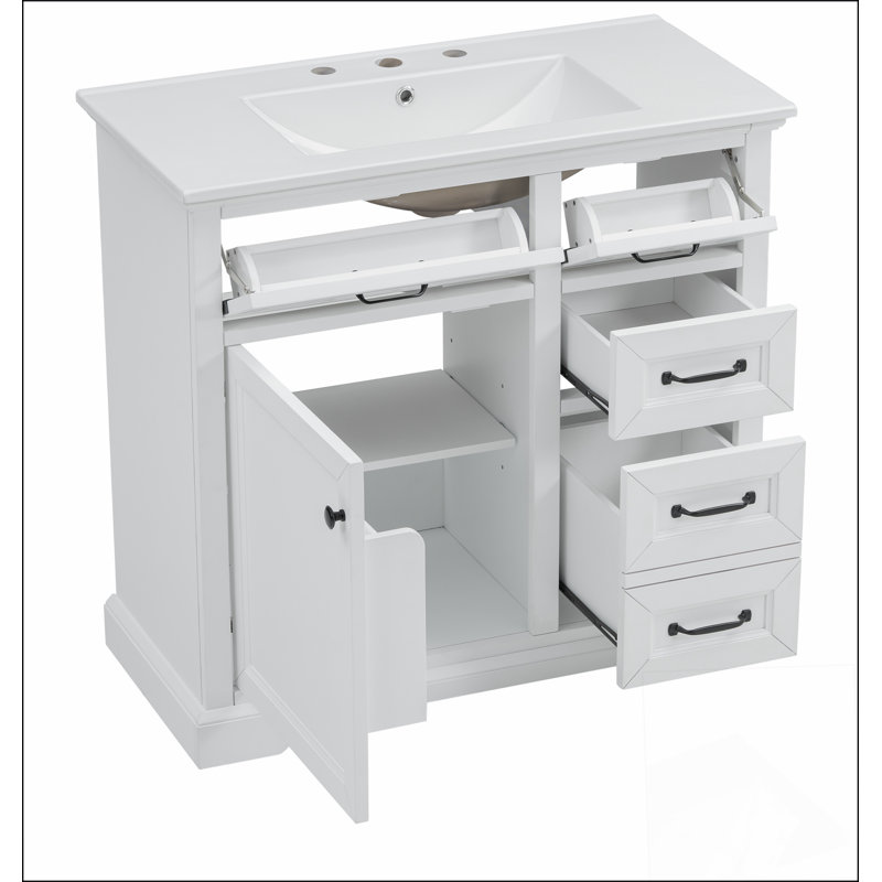 Meuble-lavabo 36 po avec lavabo en céramique, 2 tiroirs basculants, charnières de porte à fermeture en douceur, blanc