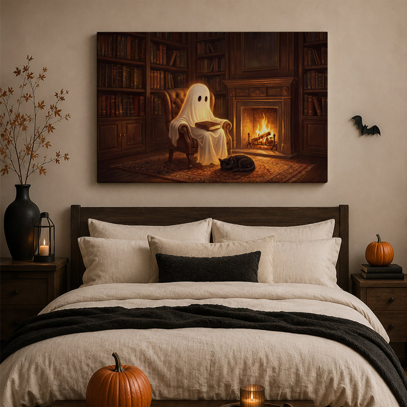 Art mural sur toile, "Glowing Ghost lecture par le foyer avec sommeil", H 28 po x l 40 po