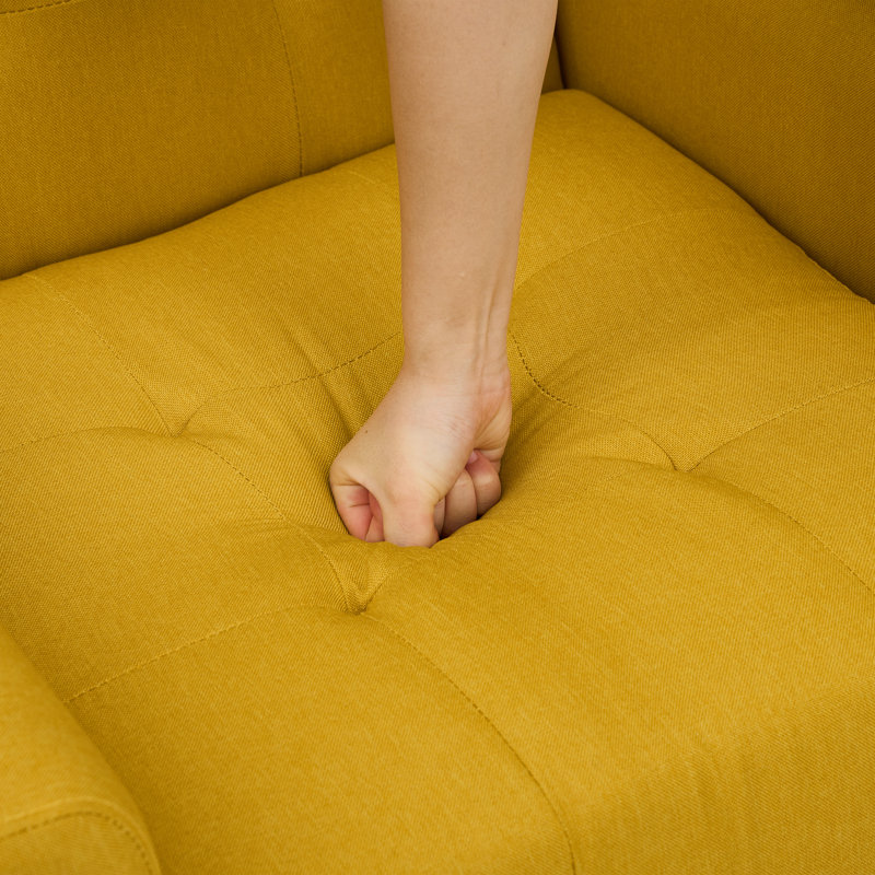 Yellow Linen Tufted Accent Armchair Set with Solid Wood Legs