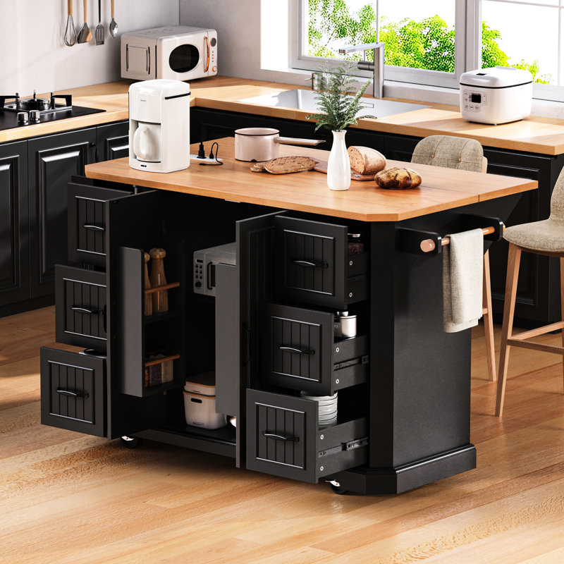 Grand îlot de cuisine avec 47 po de large et ports de charge, tablettes réglables en placage de bois d'hévéa noir, 56 po