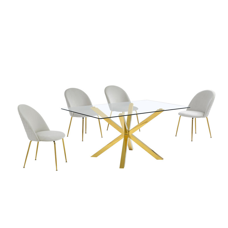 Ensemble de salle à manger de table 63 "x 39" en verre avec chaises d'appoint rembourrées et base dorée, 5, Crème / doré