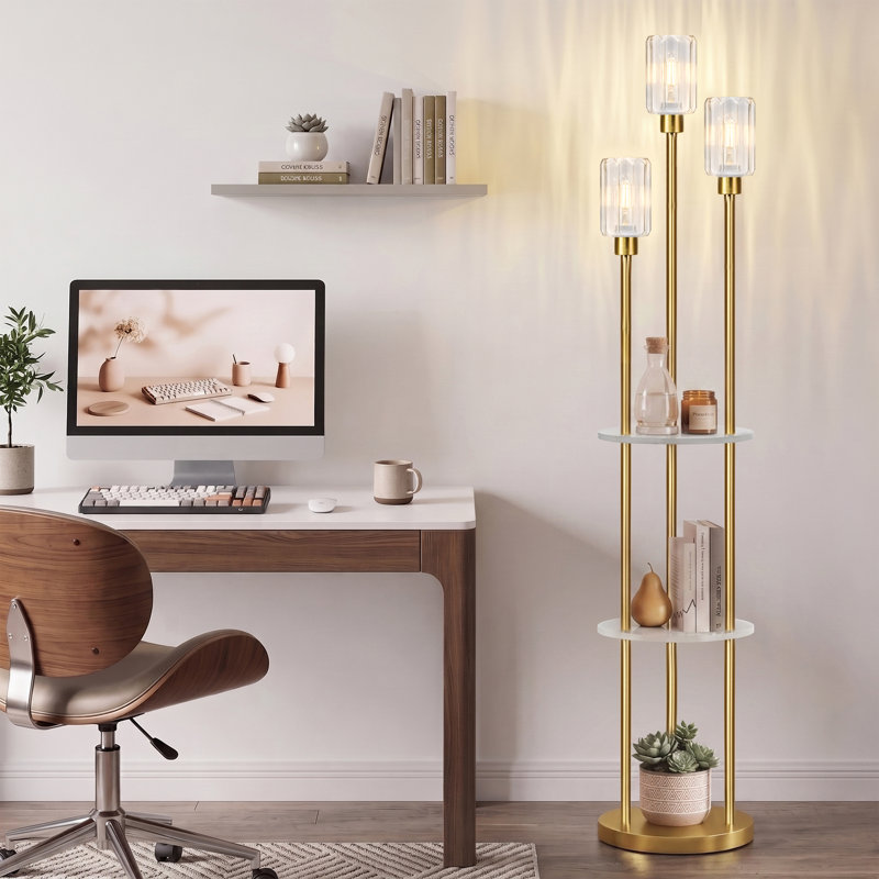 Lampe sur pied 71 po à 3 lumières avec abat-jour transparent en verre 71 po avec 3 tablettes pour salon