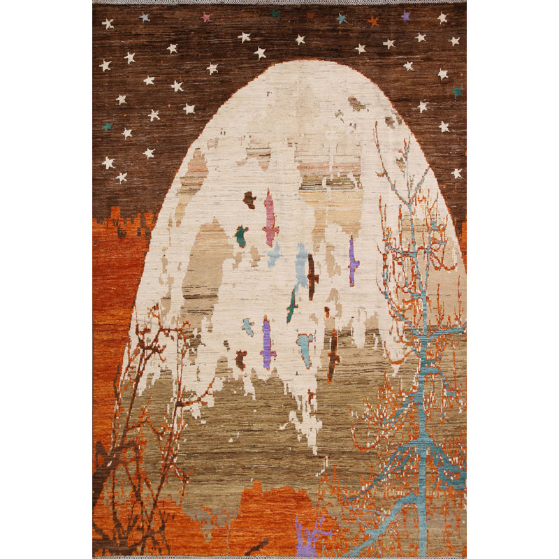 Tapis unique en laine noué à la main 5 pi 9 po x 7 pi 10 po nouvel âge Kashkoli - brun / crème / orange