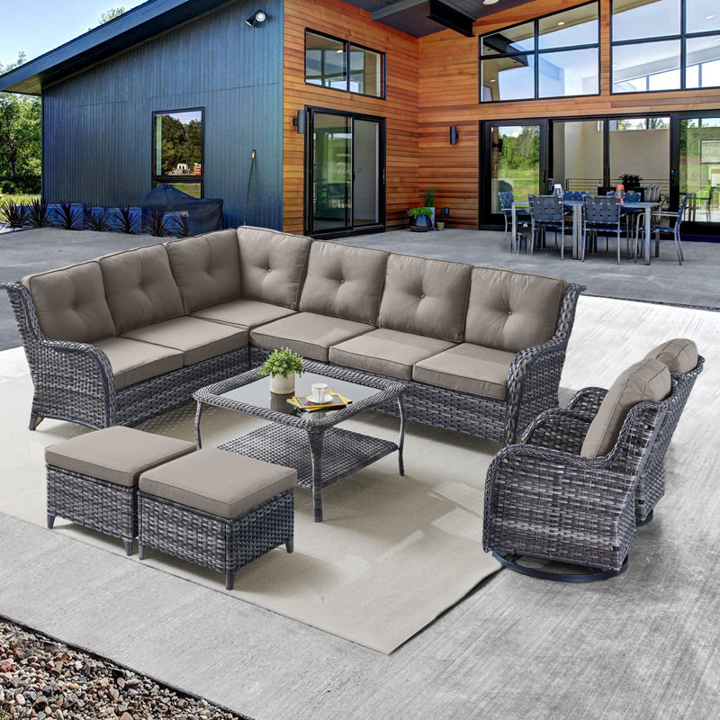 Schutt 8 Person Outdoor Sectional Seating Group with Cushions, Gray Frame/Gray Cushion