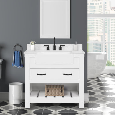 Dilkhush 37" Single Bathroom Vanity with Carrara White Quartz Top, Sink & Backsplash, Pre-Assembled