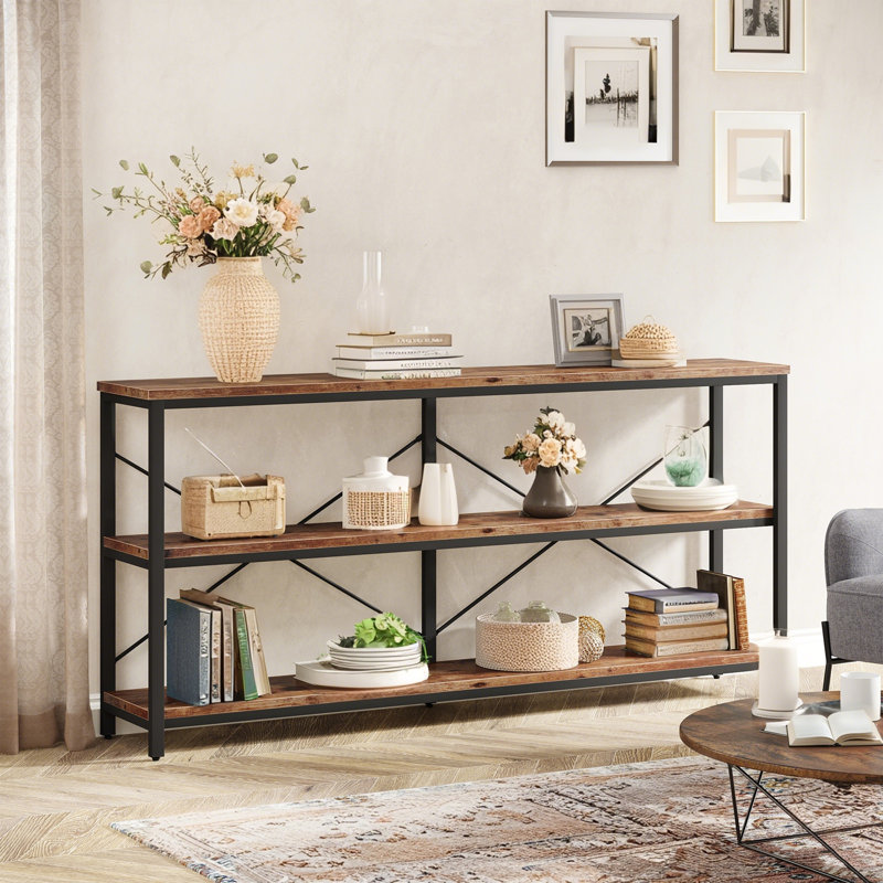 Table console Ã  trois niveaux avec structure en mÃ©tal, H 29,92 po x l 55,12 po x P 11,81 po, Noir / brun rustique