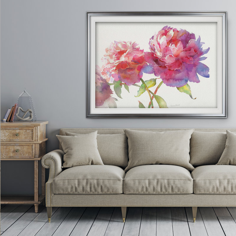 «Prise de pivoines II», reproduction de peinture à l'huile, H 28 po x l 38 po x P 1,5 po, Cadre argenté