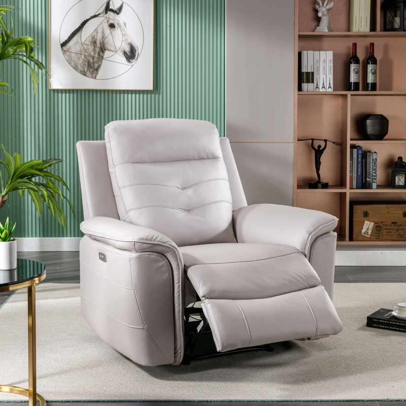 Fauteuil inclinable électrique en cuir végétalien ultra doux 39,4 po Alverez avec USB (ensemble de 9), Similicuir gris pâle
