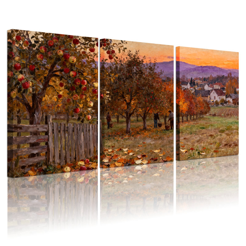Ensemble de 3 impressions sur toile Scène et paysage d'automne avec feuilles tombantes, H 18 po x l 36 po