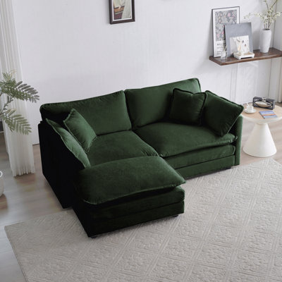 Canapé pour 2 personnes idéal pour les week-end de détente Canapé à deux places en chenille avec 1 repose-pieds, canapé modulaire en L à 2 places avec repose-pieds, causeuse avec repose-pieds pour petit espace de vie, chenille verte