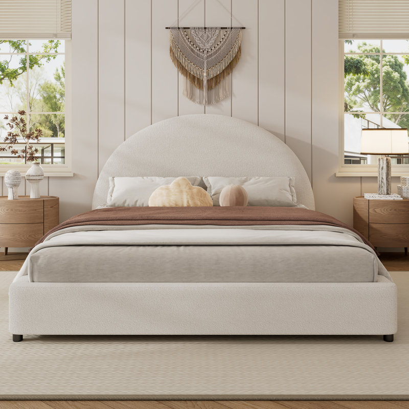Aveline Boucle Upholstered Platform Bed With Rounded Curved Headboard For Luxurious Comfort, Queen