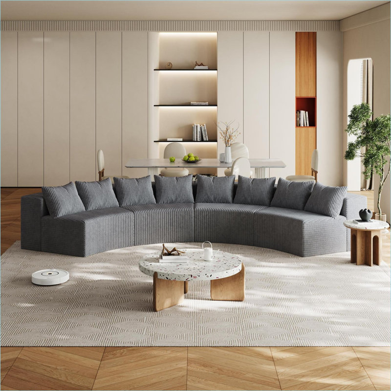 Sectional Sofas | Modern Curved Symmetrical Modular, 4 Modules 8 Pillows, for Living Room Bedroom Office | Corduroy | Grey