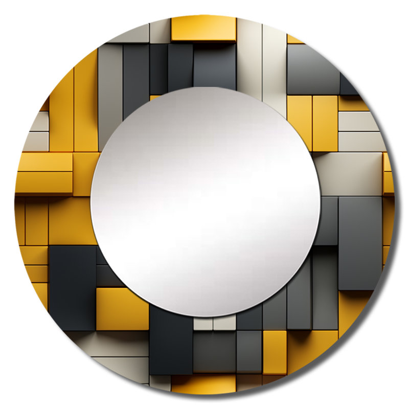 Yellow And Grey Geometric Blocks Harmony - Geometric  Large Mirror, Yellow Round Decorative Wall Mirror, Printed Metal Art