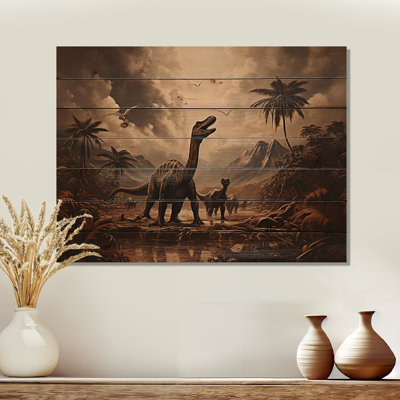 Paysage de dinosaures rétro II - impression de dinosaure sur bois