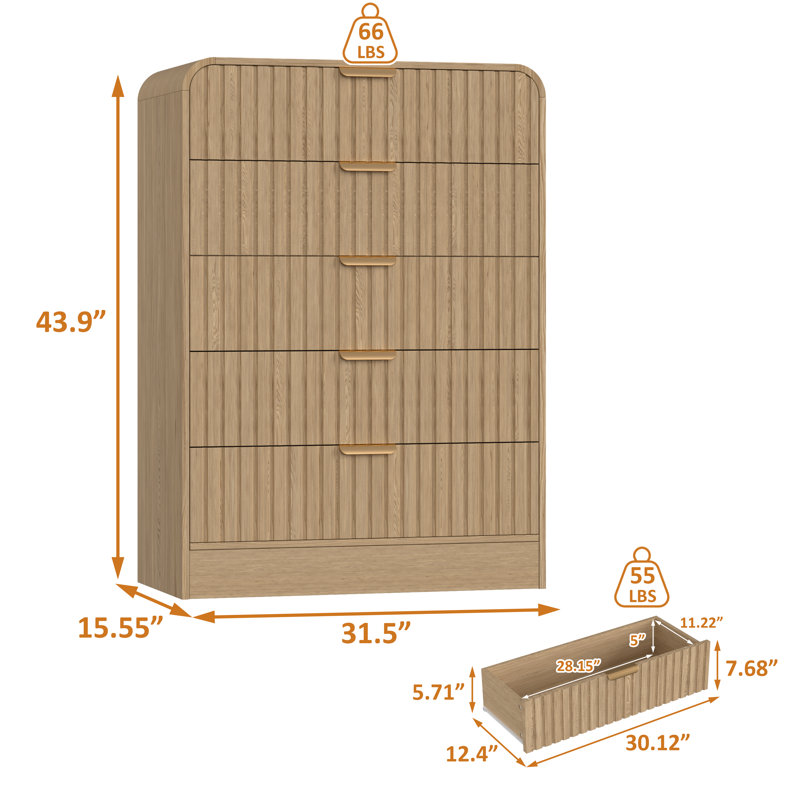 Organisateur de commode à 5 tiroirs cannelés avec bords incurvés pour chambre à coucher, Bois naturel