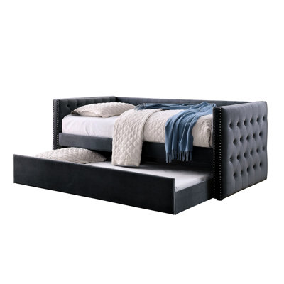Gray Transitional Style Daybed With Trundle, Button Padded Flannelette Upholstery And Nailhead Trim Design, Slat Kit Offered -