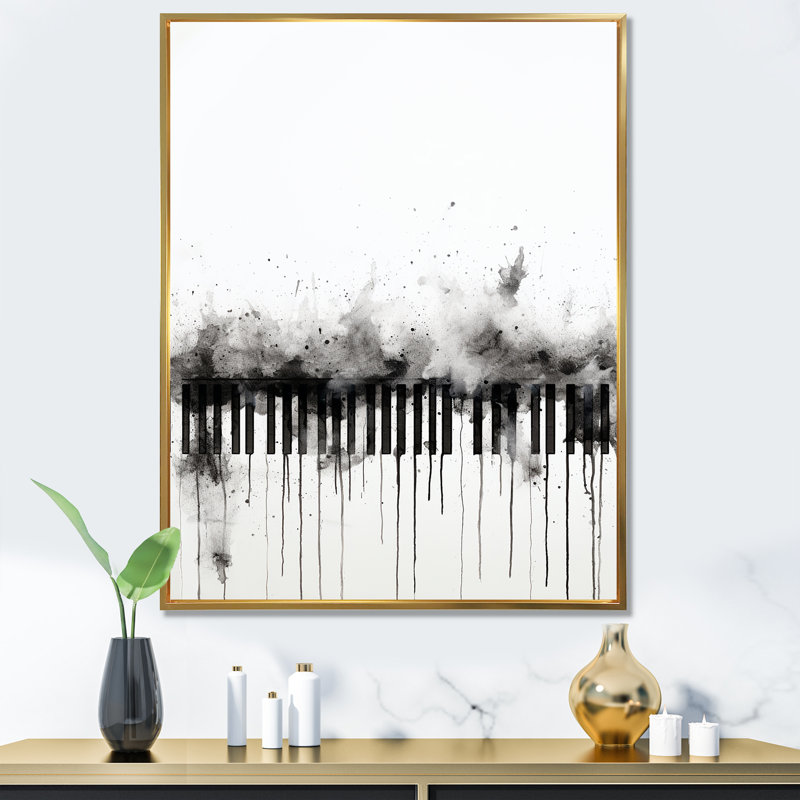 «Piano Keys Tranquility Midnight Black I», reproduction sur toile, Cadre flottant doré, 32" H x 24" W