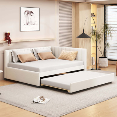 Upholstered Daybed With Trundle Sofa Bed Frame, No Box Spring Needed, Linen Fabric, Space-Saving And Stylish