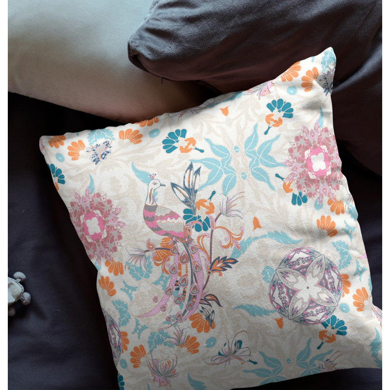 Coussin décoratif 26 po x 26 po Broadcloth, Blanc cassé / floral bleu ciel