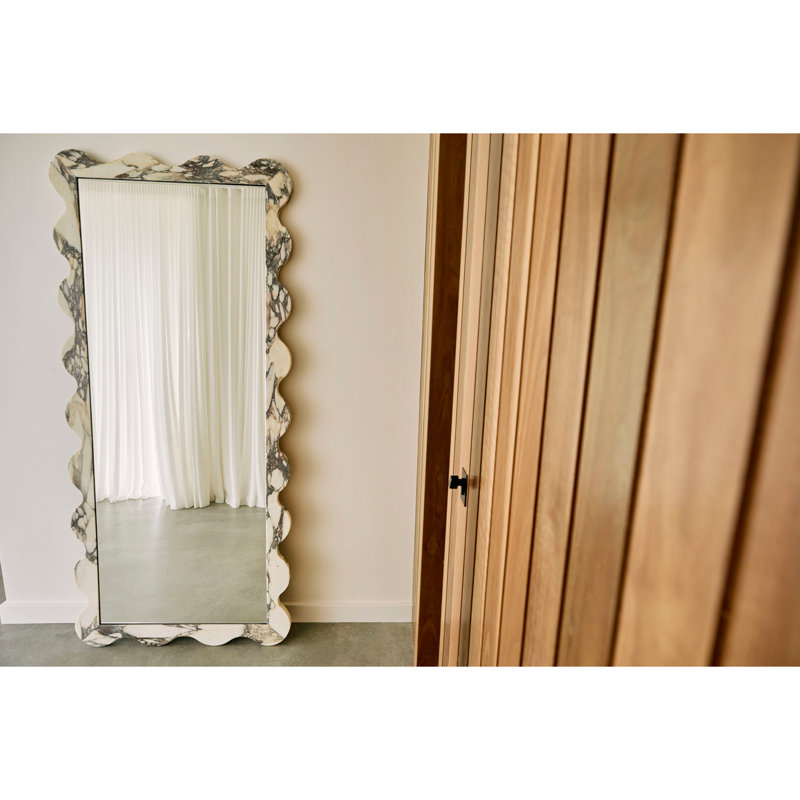 Deniz 35 in. x 79 in. Natural Stone Marble Scallop Framed Mirror