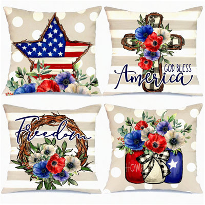 Patriotic Stars & Stripes Pillow Covers Set - 4th of July Decor Cushion Case - Bless Floral Jar Throw Pillows - Independence Day Decorative Pillows - G327-18
