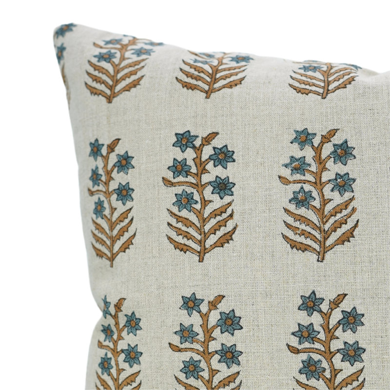 Housse de coussin à motif floral imprimé à la main Fabividine, bleu, Inderdhanush, Carré, H 24 po x l 24 po