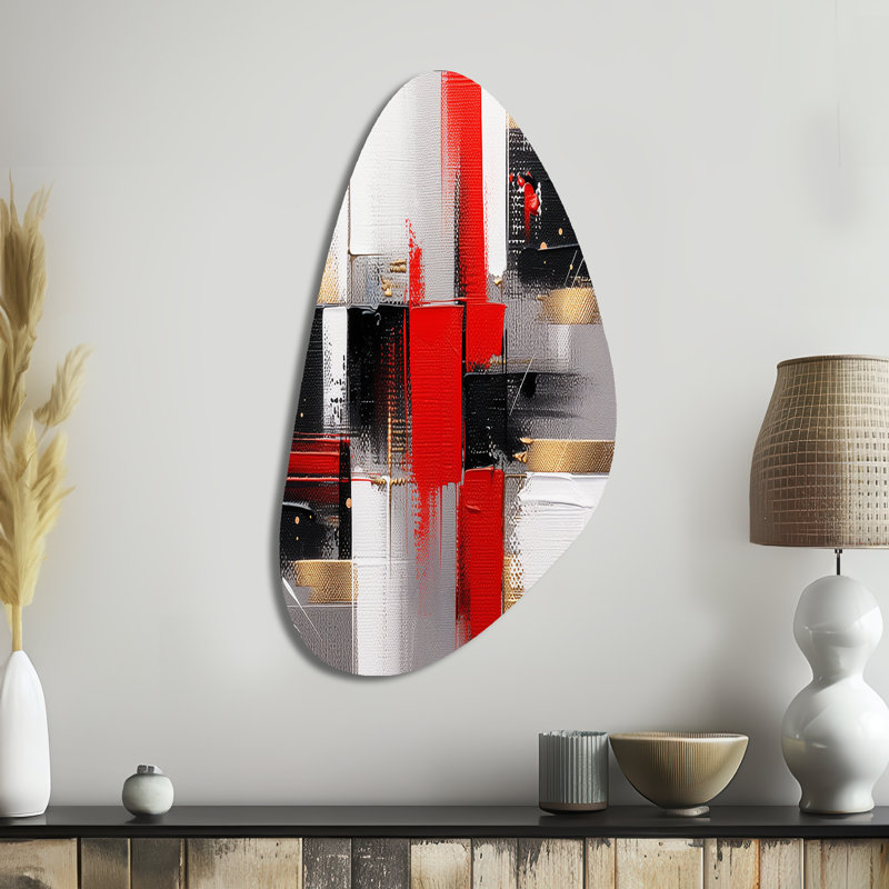 Rouge et or cubique abstrait I - cubisme asymétrique, art mural en métal, forme irrégulière rouge, H 39 po x l 21 po x P 1 po